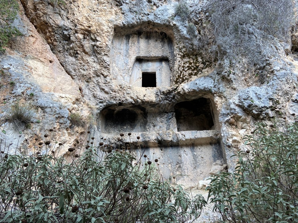 Rooms carved out of the rock with some detailed carving around the door