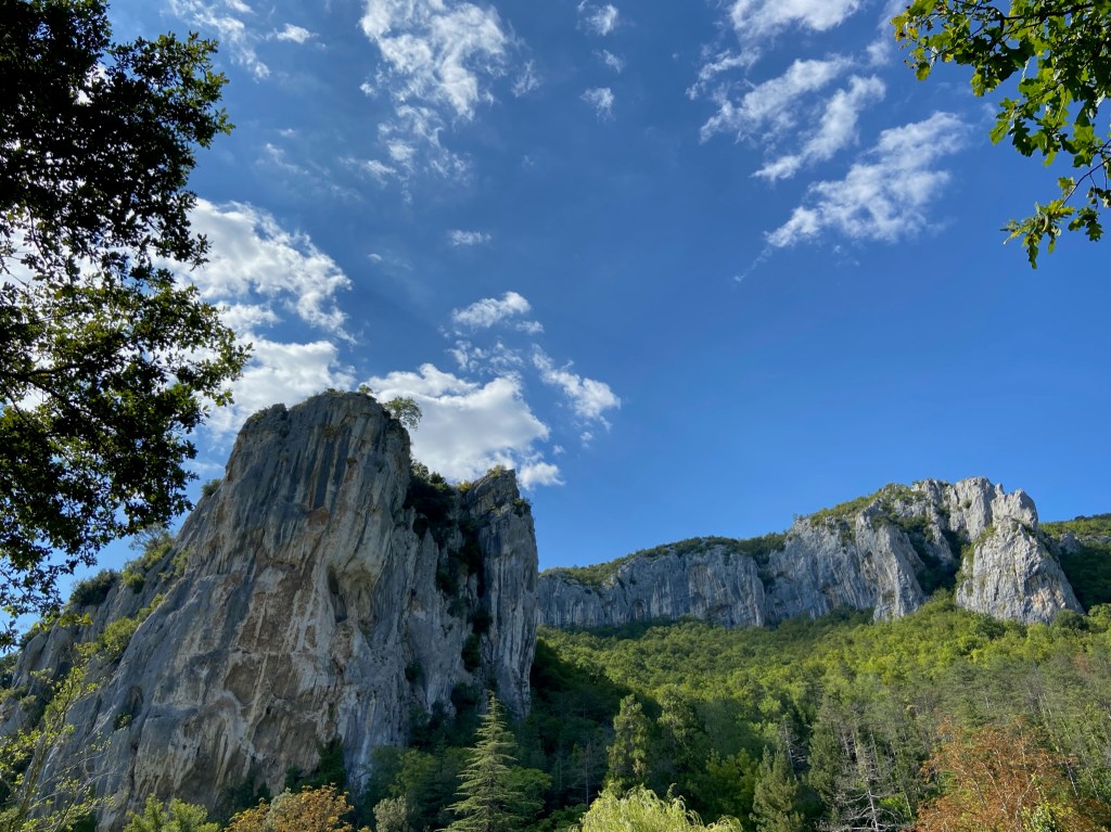 Long bands of cliff surrounded by lush green trees.