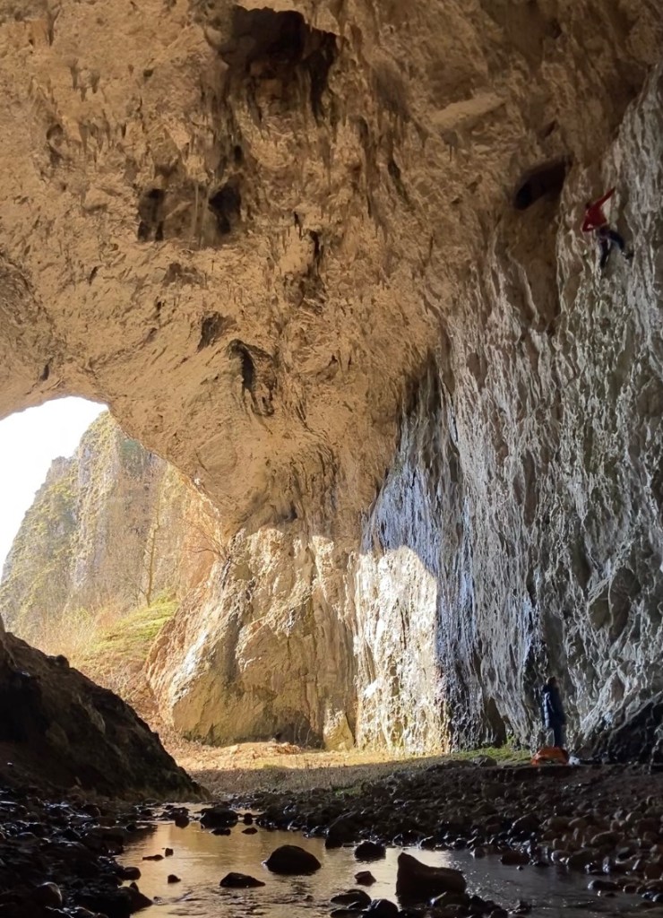 Climber stood at the bottom of a vertical wall in the shadow within a large opening of a tall cave. There is a gentle stream running through the bottom of the cave.  