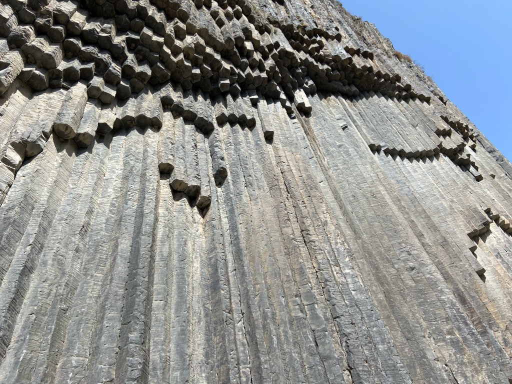 Interesting basalt column formation, 3D long, geometric columns of different heights 