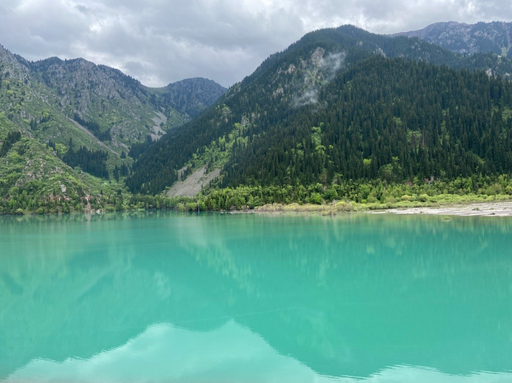 Bright blue lake with mountains covered in a pine forest