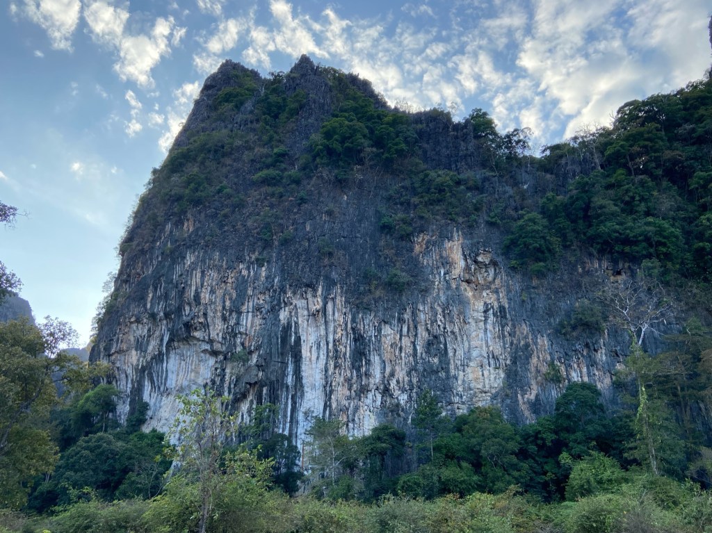 Imposing wall of sector Hilton. It is white compact limestone with grey streaks running down from the top.