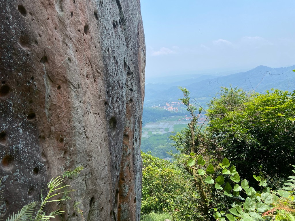 Pink and grey pocketed andesite wall  overlooking the flooded rice paddies and village with jungle covered mountains below. 