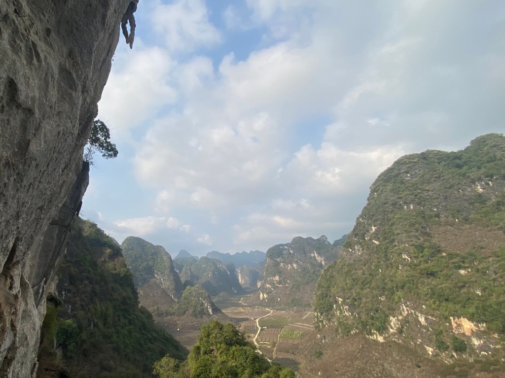 Steep limestone cliff overlooking a valley comprising of limestone mogote cliffs. A small paved road cuts through the rice fields on the valley floor. 