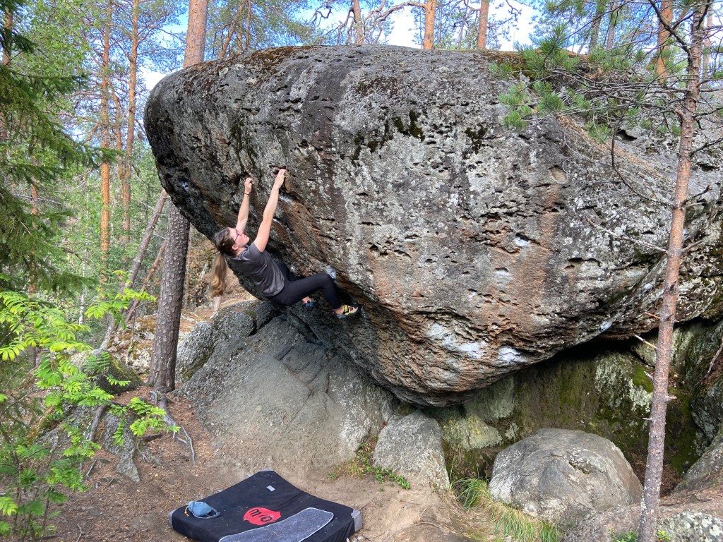 Climber using pockets for hand holds looking for the next moves on the steep side of the boulder in the pine forest