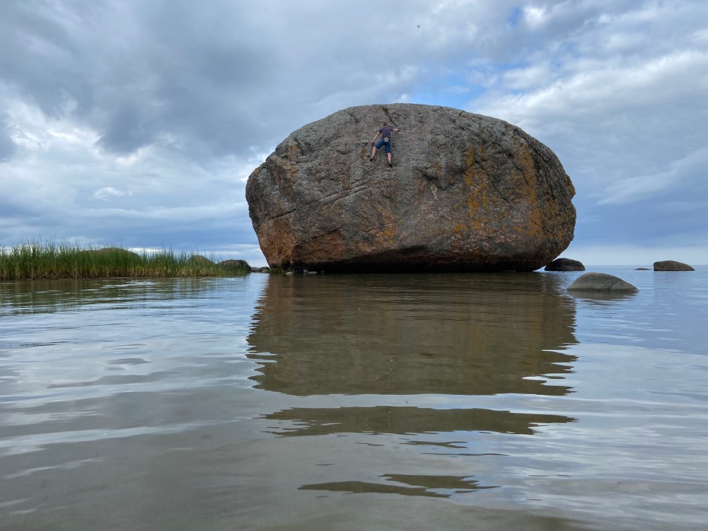 Climber traversing high up on a boulder which is submerged at the base with the tide and reeds.
