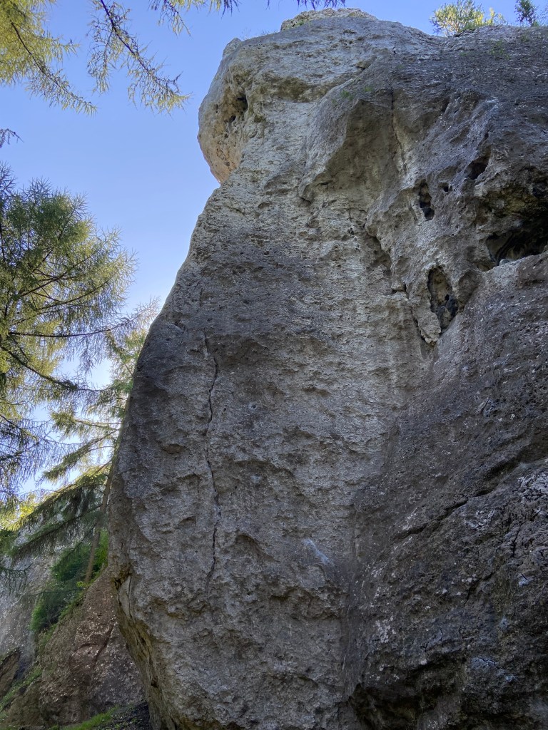 Limestone cliff with a vertical crack system on the bottom half and some large pockets and hole features