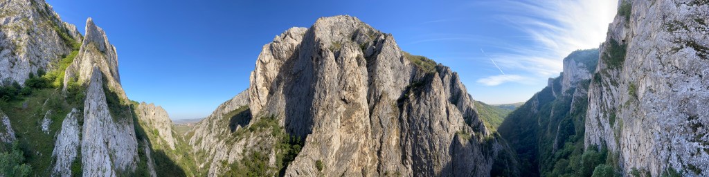 Paranoramic view of Cheile Turzii (Turda Gorge) of all the limestone pinnacles and sectors of rock along the gorges two sides