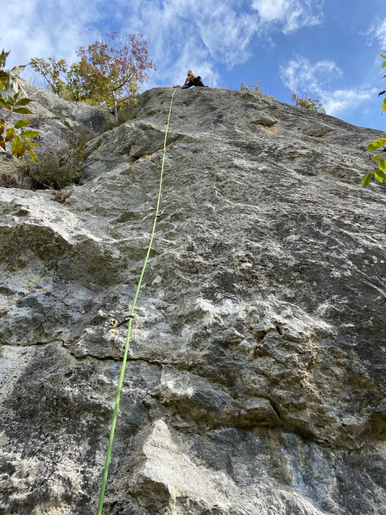 Climber looking upwards for the next move on a vertical limestone wall which has a few shrubs on it and there is a blue sky with wispy clouds. 