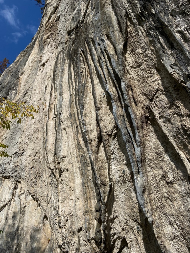 Amazing big  blue tufas which appear to be dripping down the white limestone wall
