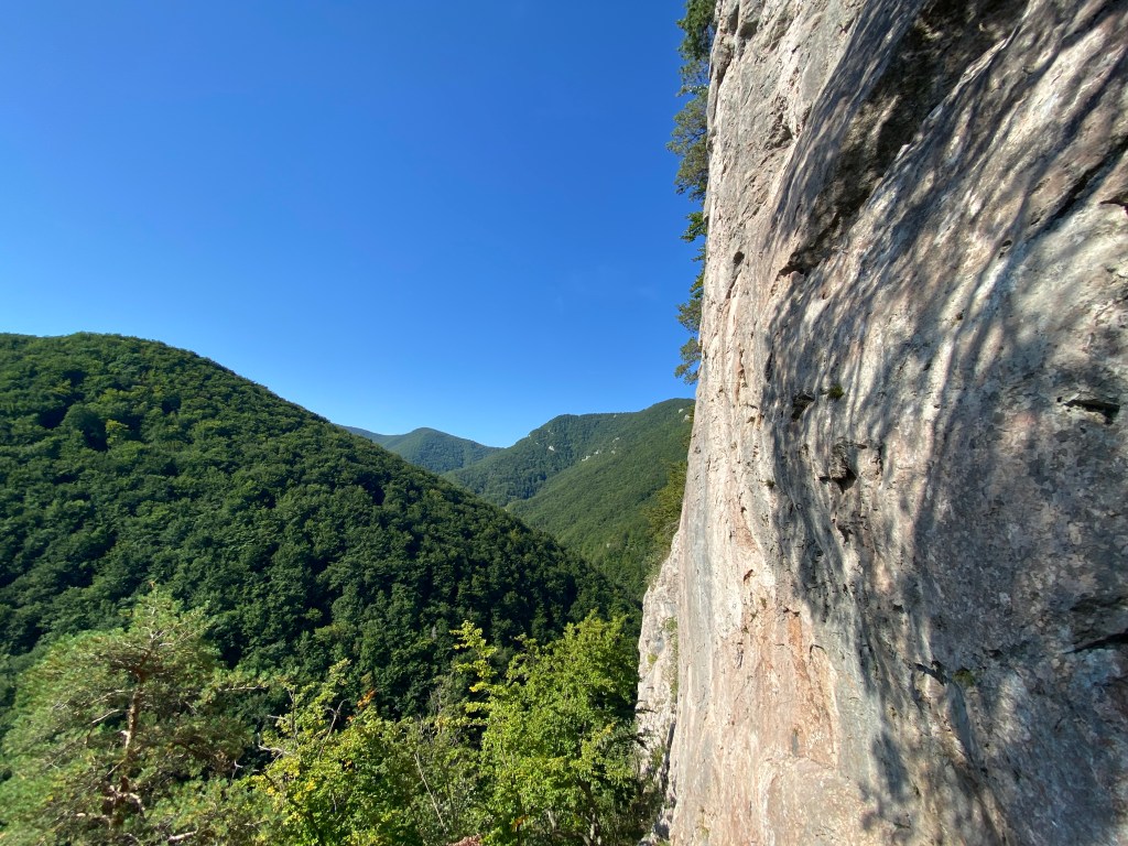 Vertical limestone wall which emerges from a forest. Behind the crag are lush green forested hills which extend into the distance. 