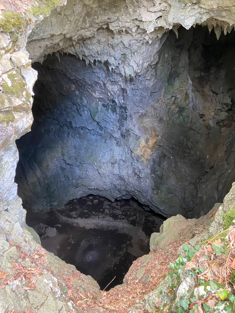 Down into the belly of the cave from the outside through a natural hole in the roof of the cave  