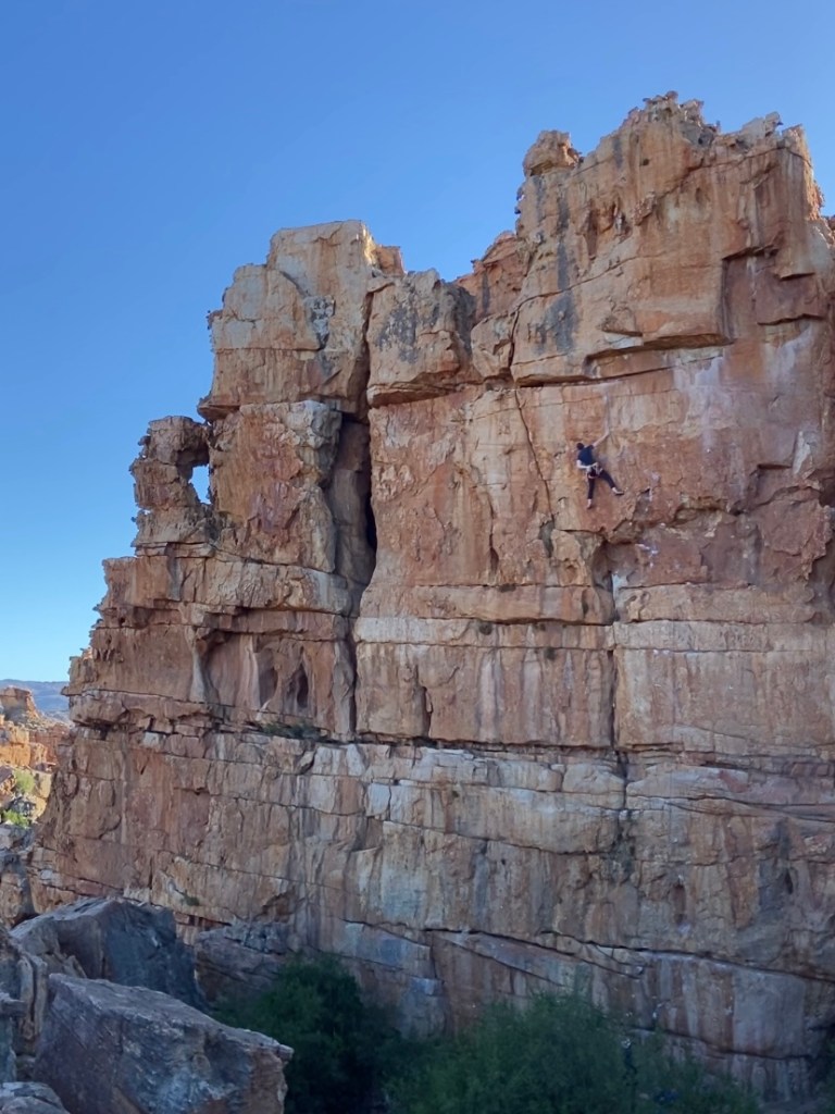 Climber on large sandstone wall with prominent roofs and cracks. 
