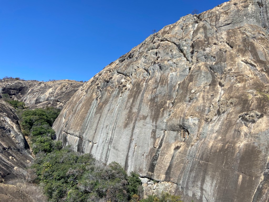 Tall and smooth grey granite walls with black streaks. There are lush trees in the valley that is formed between the two granite walls. 