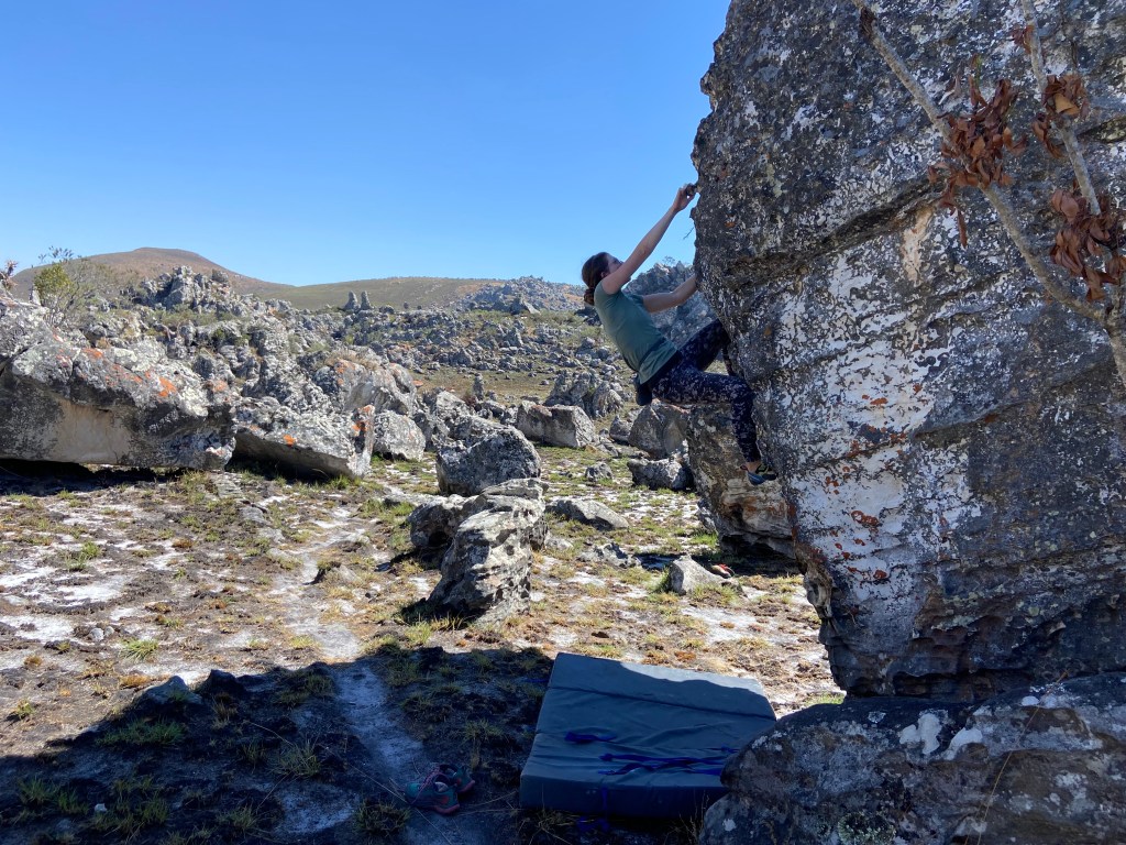 Climber on overhanging arête of a short boulder using large features for the handholds. 