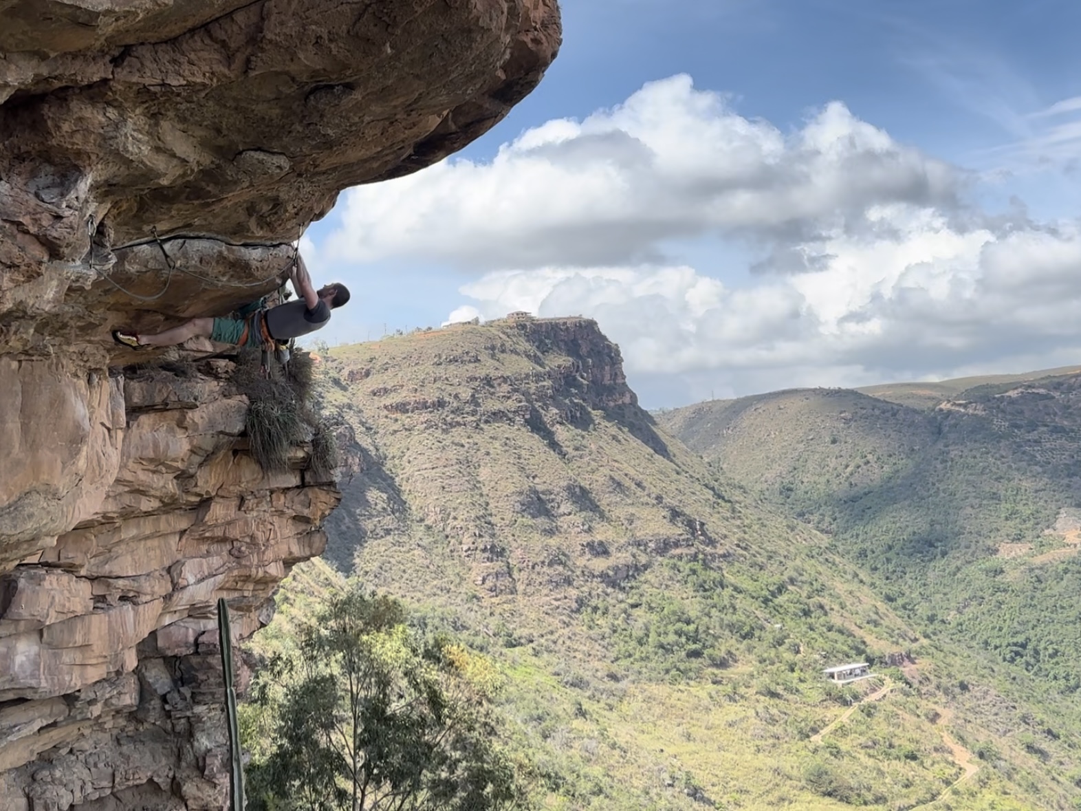 Climber navigating a crack within a horizontal sandstone roof. 