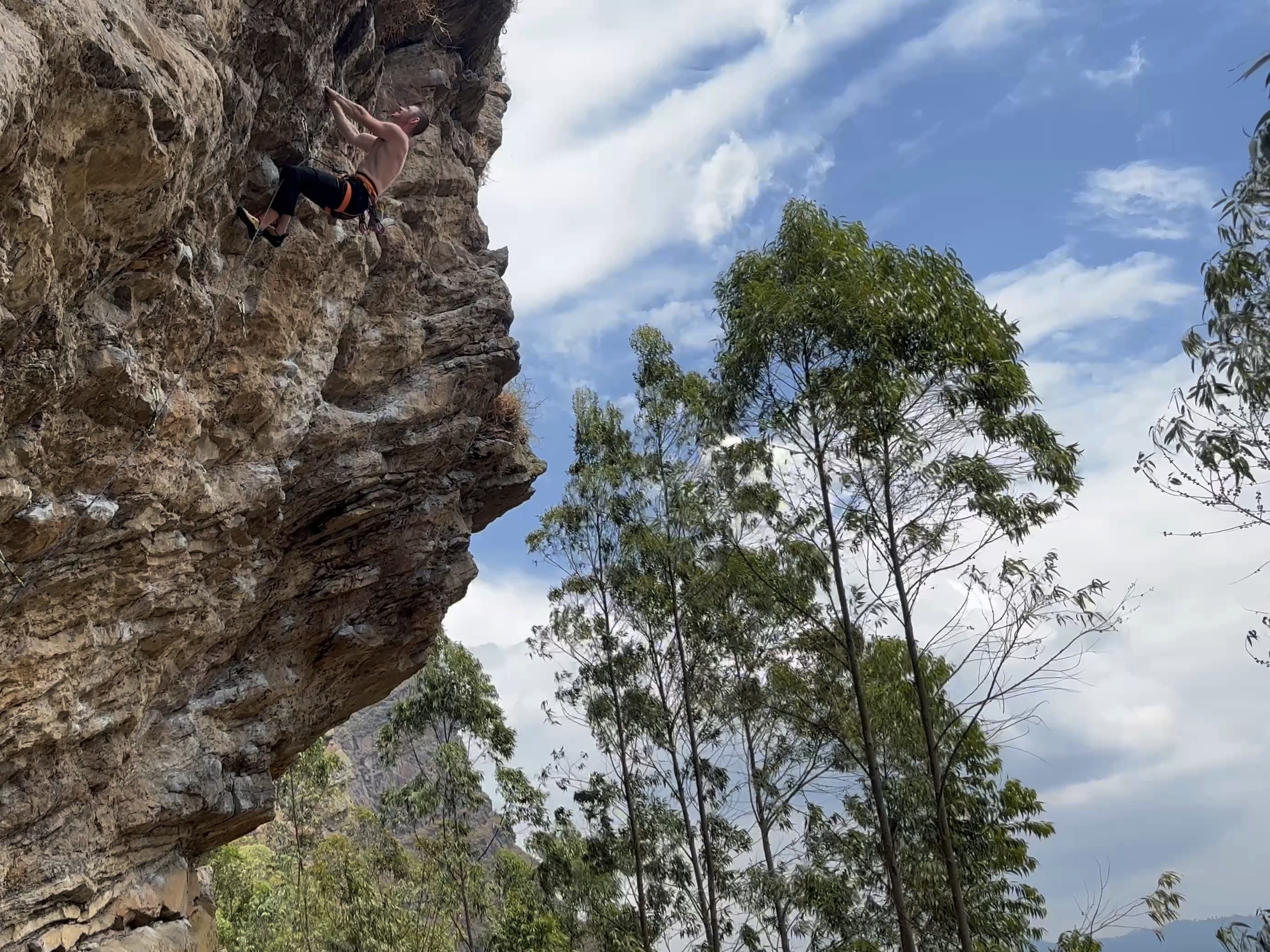 Climber on steep overhanging sandstone wall with trees and blue sky in the background.