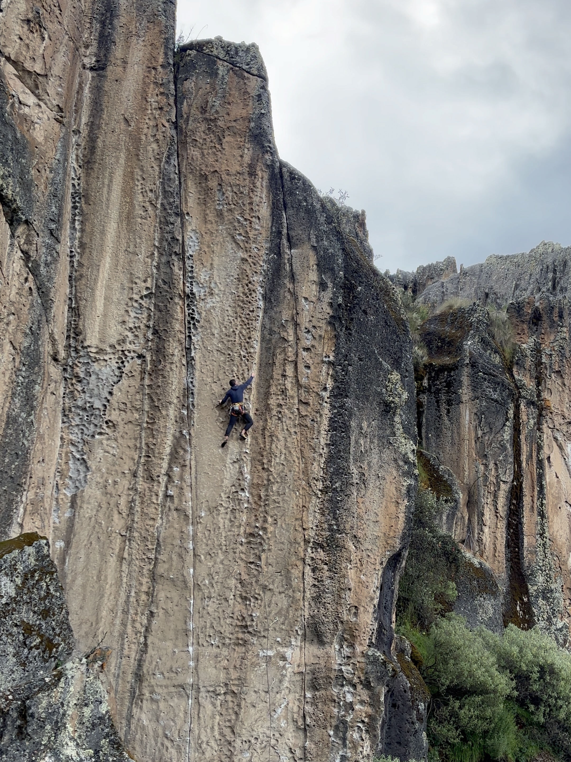 Climber reaching high on a vertical volcanic wall with many pockets and scooped features.