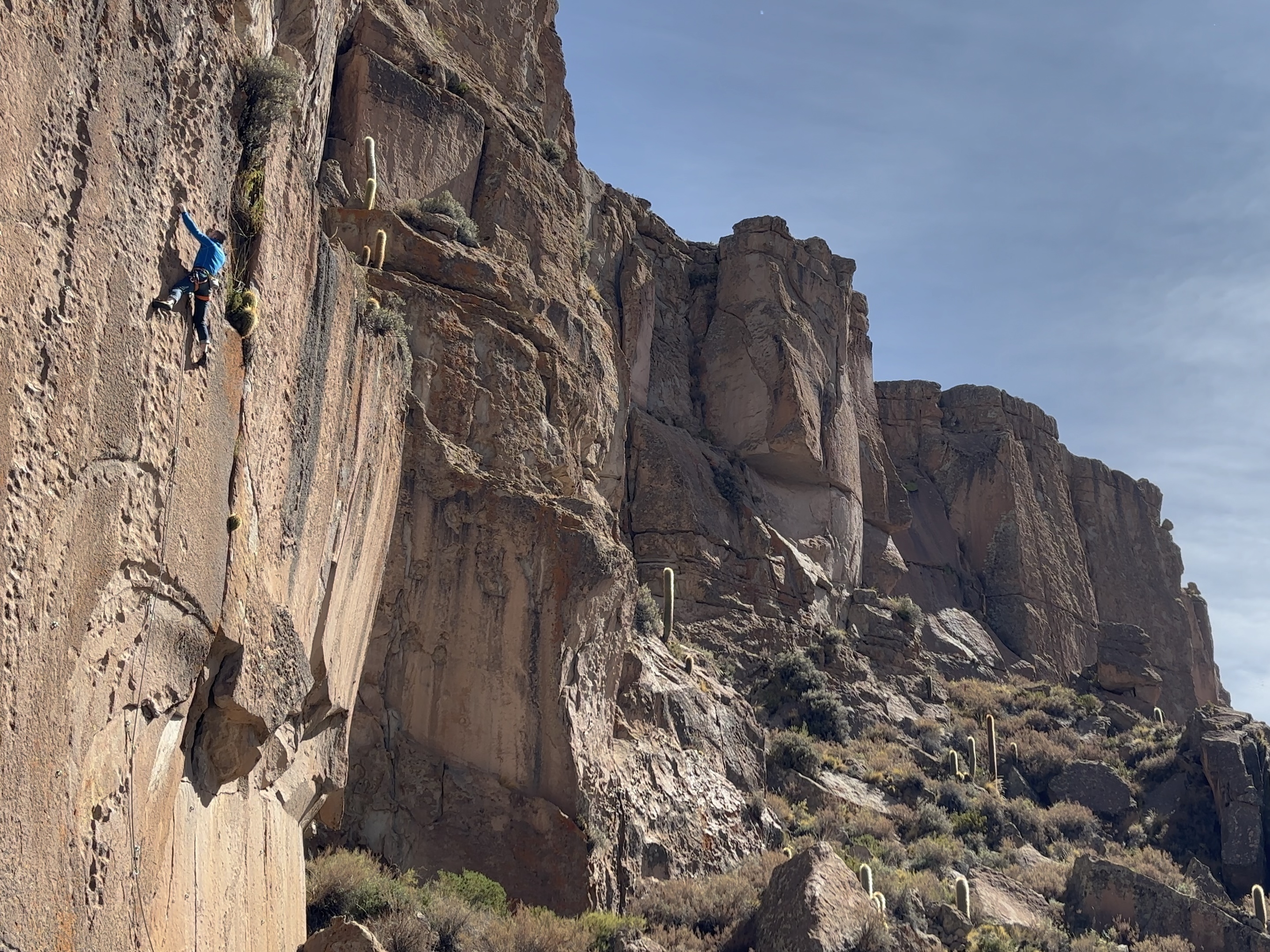 Climber on featured, volcanic rock with cactuses and bushes spread across the hillside.  