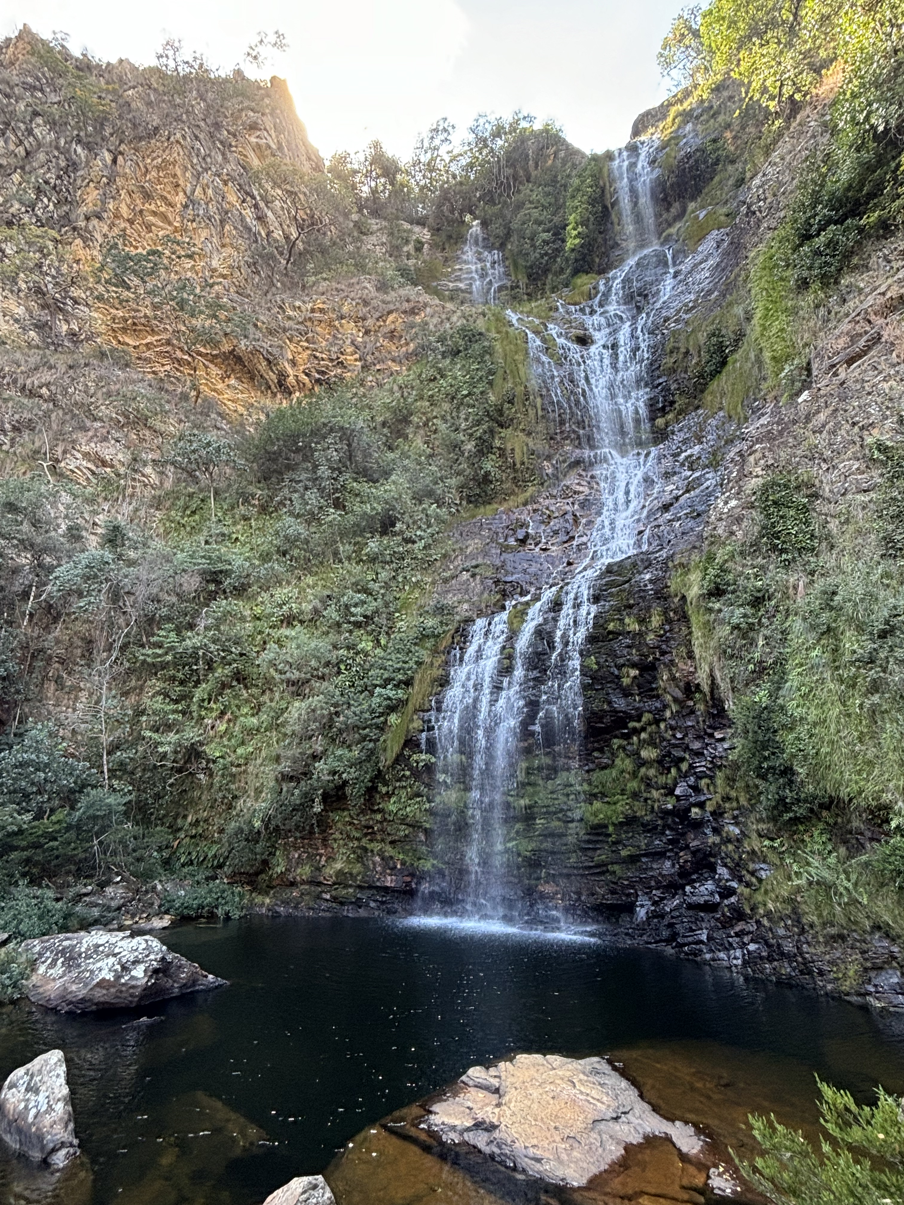 Water cascading down the tall, vegetated cliff into a deep and dark pool below.