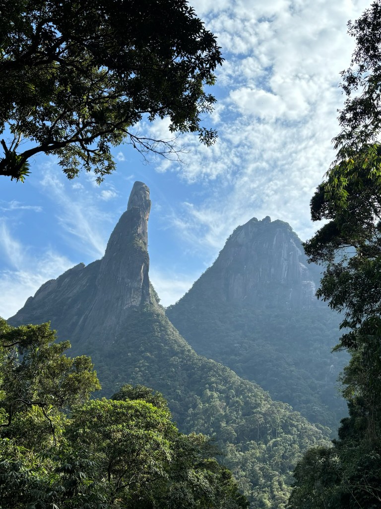 Imposing giant finger like rock pinnacle emerging from the dense forest below. 