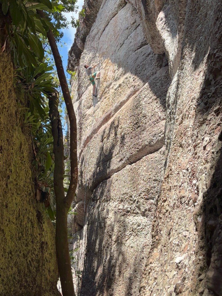 Climber surveys the holds ahead on a thin white coloured conglomerate wall climb. 