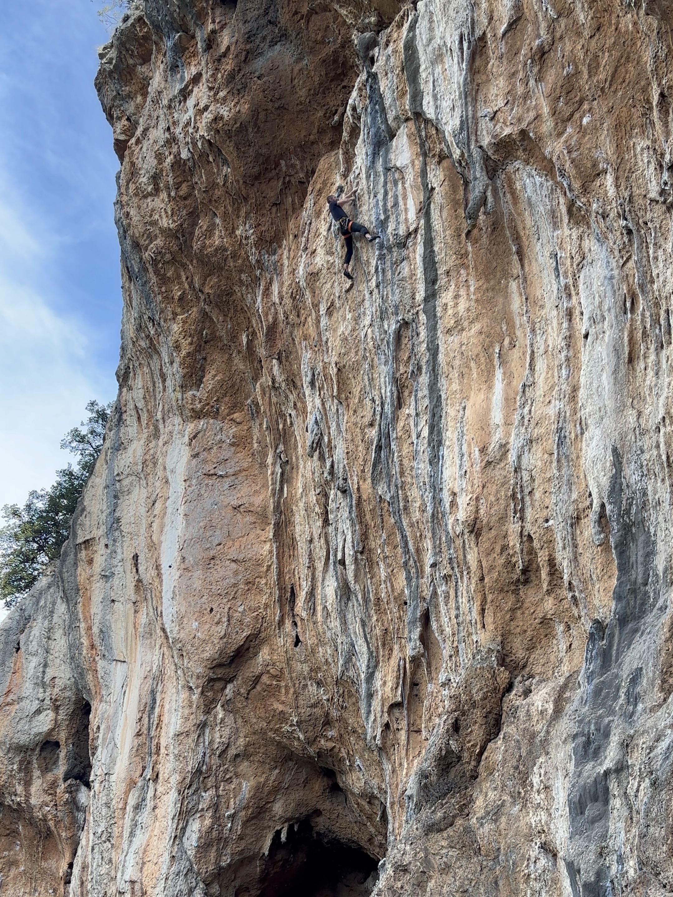 Climber in a dark top on a slightly overhanging limestone wall which has blue stripes and tufas.