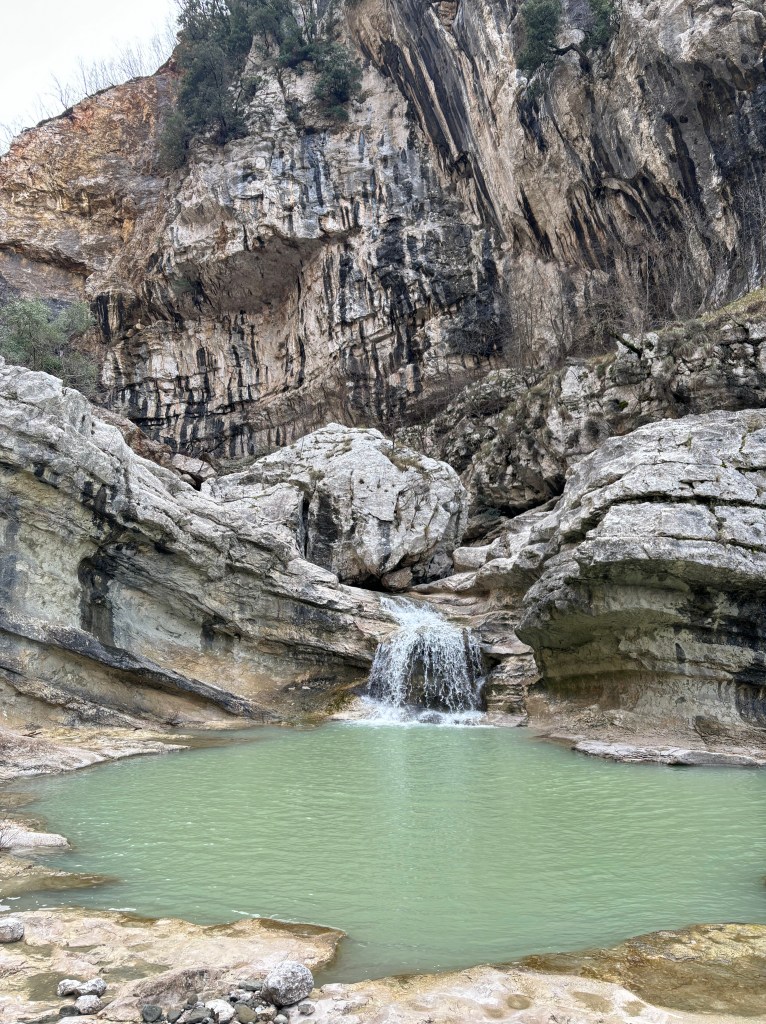 A beautiful green coloured natural water pool, with a river cascading into it.