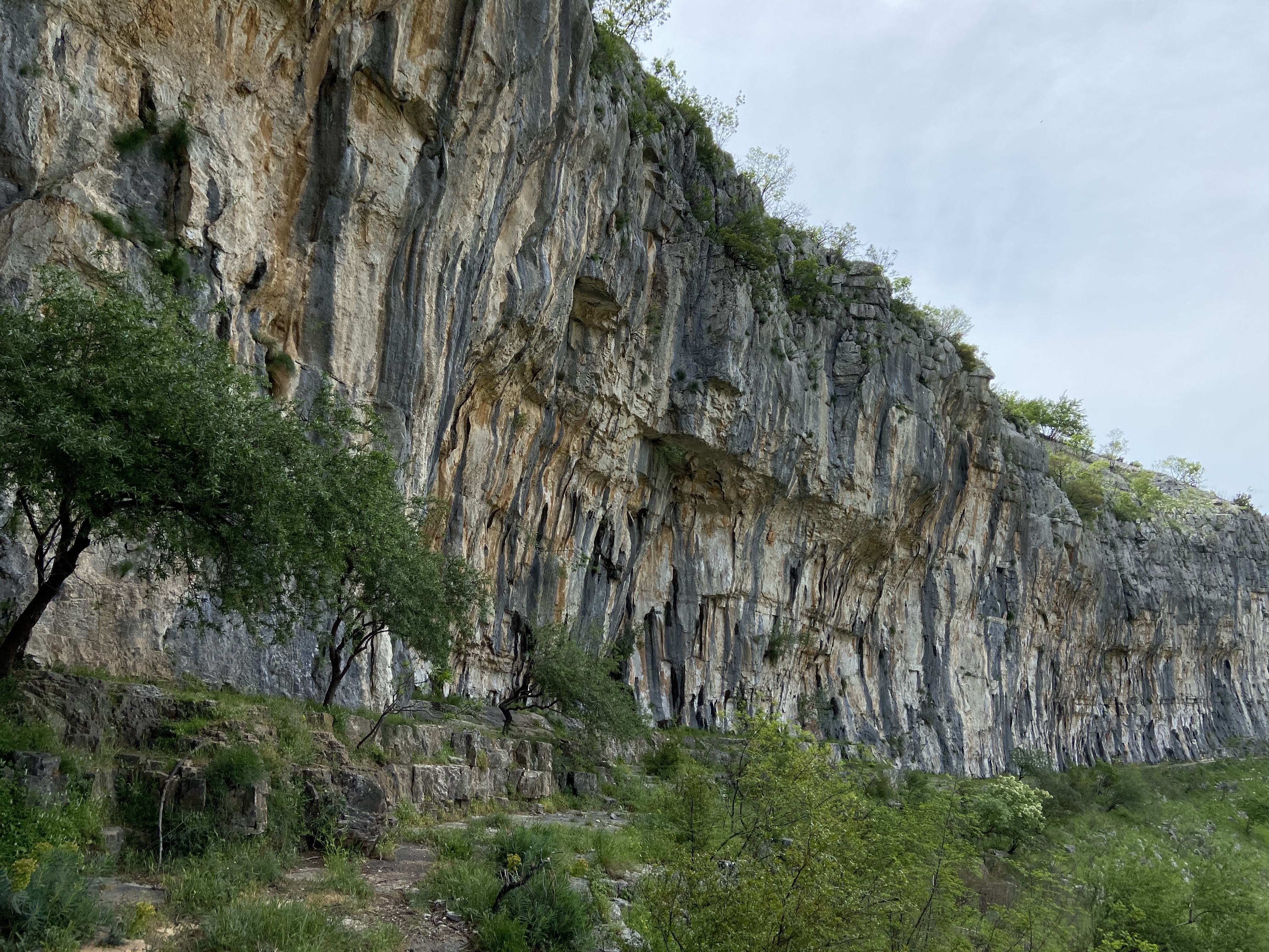 A view of a predominantly grey and white tufa crag with excellent sport climbing. 